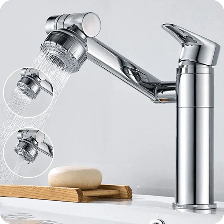 Silver flexible water tap, 1080° swivel, offering splash-free operation for busy bathrooms.