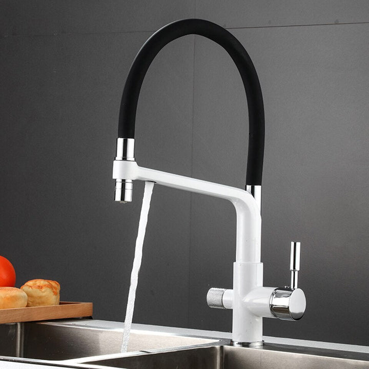 Modern brass kitchen faucet with dual outlet for filtered and unfiltered water.