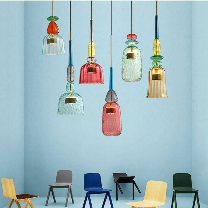 Modern pendant ceiling lamp with vibrant colored glass, perfect stylish lighting for kitchen.