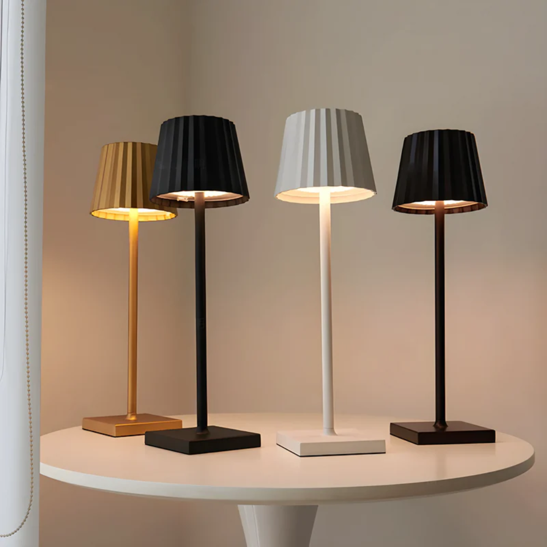Modern cordless dimmable touch LED table lamp, portable and rechargeable, perfect for ambient lighting.