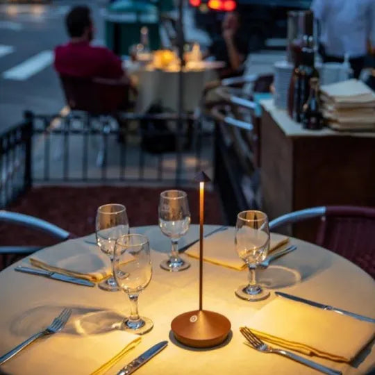 Sleek portable LED lamp, dimmable, great for dining, desk, or outdoor patio lighting.