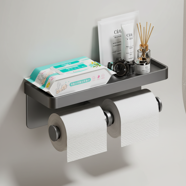 Stylish aluminum alloy double roll toilet paper holder, wall decor for modern bathrooms, drill-free.