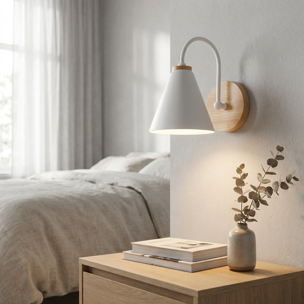 Modern downward cone shade wall sconce in a minimalist living room, adding ambient light and sleek home decor.