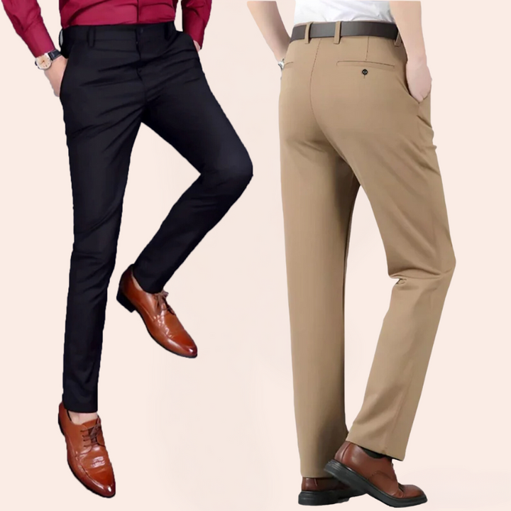 Versatile men's modern fit stretch trousers, suitable as dress pants or stylish casual wear.