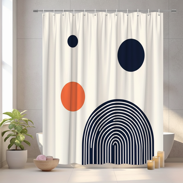 Modern geometric black and orange shower curtain, Circlify polyester, water repellent bathroom decor
