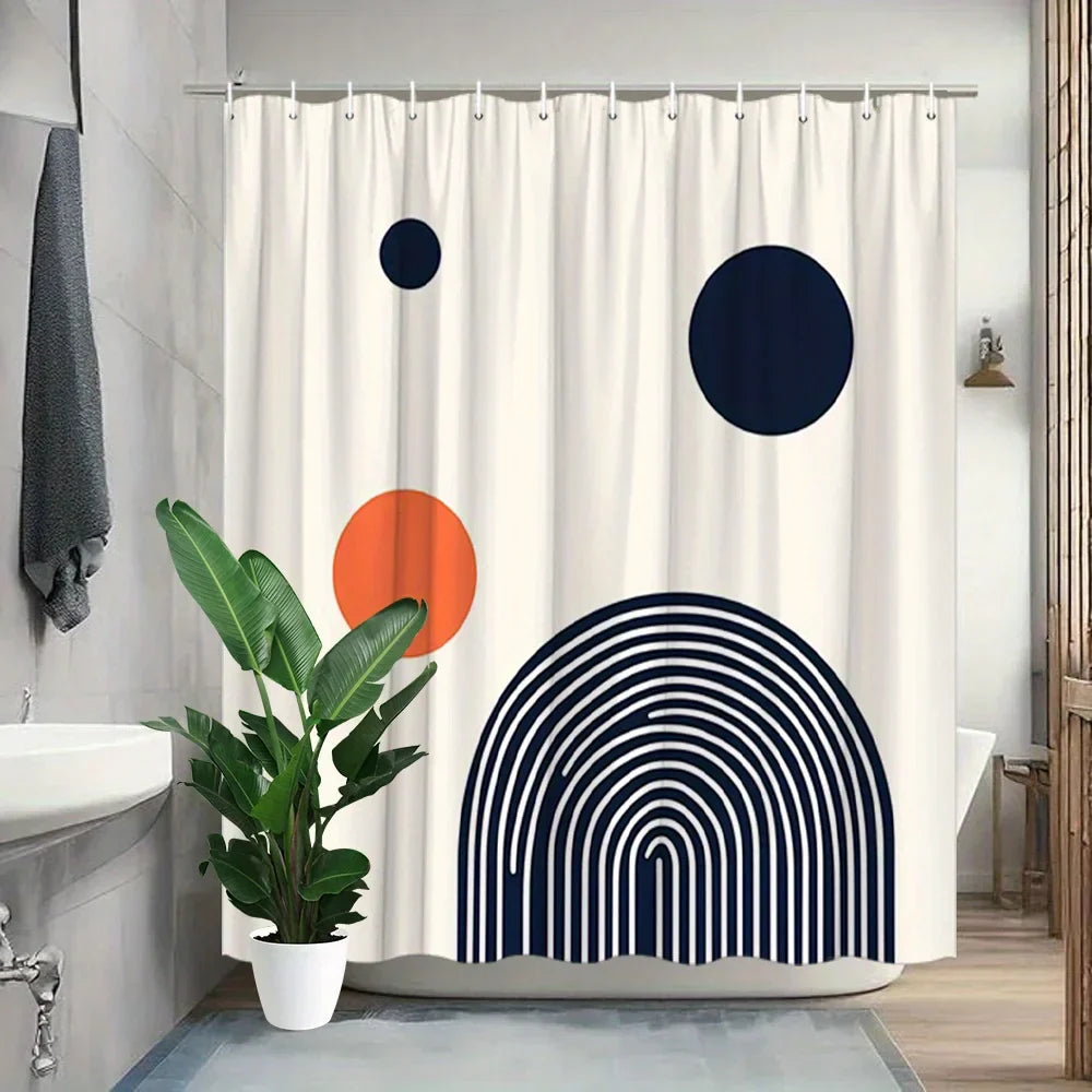 Contemporary geometric Circlify shower curtain in black and orange, polyester bathroom accessory