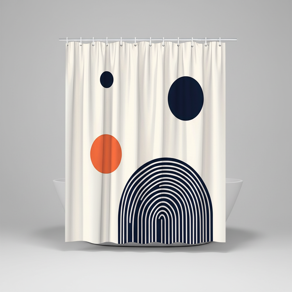 Waterproof polyester shower curtain, Circlify design in black and orange, a stylish bath accessory