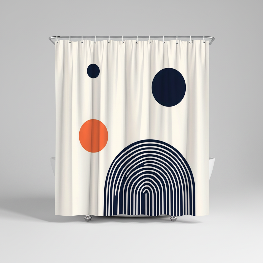 Stylish black and orange Circlify shower curtain, a waterproof and modern geometric bathroom decor item