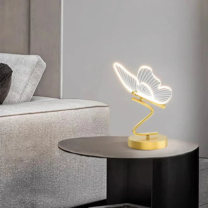 Butterfly-shaped LED nightlight on a bedside table, offering gentle illumination for a peaceful bedroom