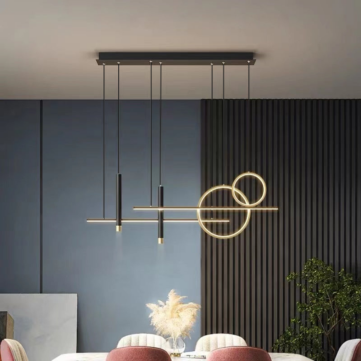 Sleek black modern LED pendant light, perfect ceiling lamp for contemporary dining room decor.