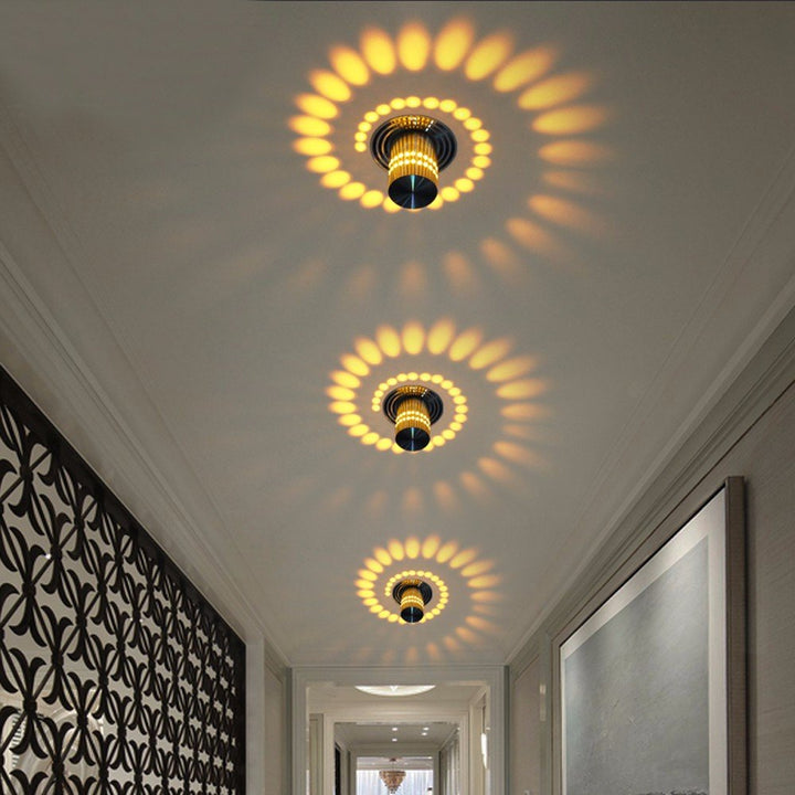 Close-up of a modern LED spiral ceiling light, dynamic design, ambient lighting solution