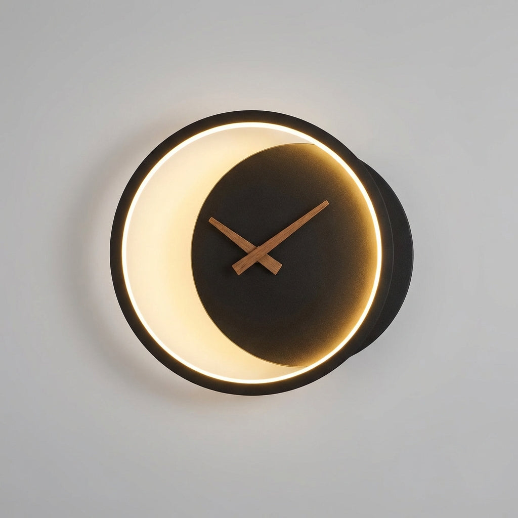 Close-up of Glowchron Modern LED Wall Clock, showcasing bright LED display and sleek wall-mounted design, bedroom lighting