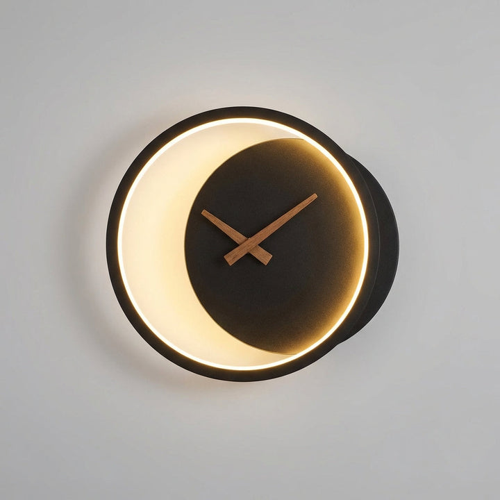 Close-up of Glowchron Modern LED Wall Clock, showcasing bright LED display and sleek wall-mounted design, bedroom lighting