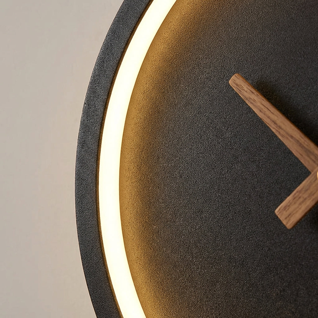 Ambient shot of Modern LED Wall Clock Fixture creating soft glow on a textured wall, perfect for minimalist home accent