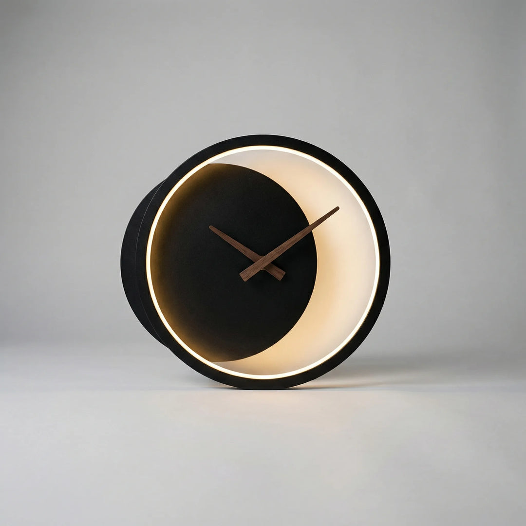 Detail of the thin profile of a Modern LED Wall Clock Fixture, emphasizing its sleek, contemporary wall decor aesthetic