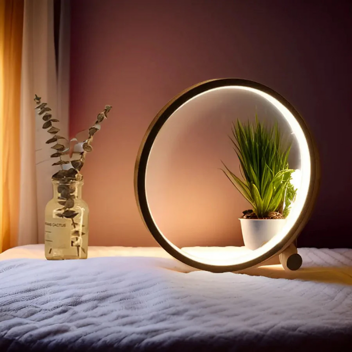 Elegant LumaCircle Dimmable LED table lamp, a modern night light and home decor piece for bedroom or office.