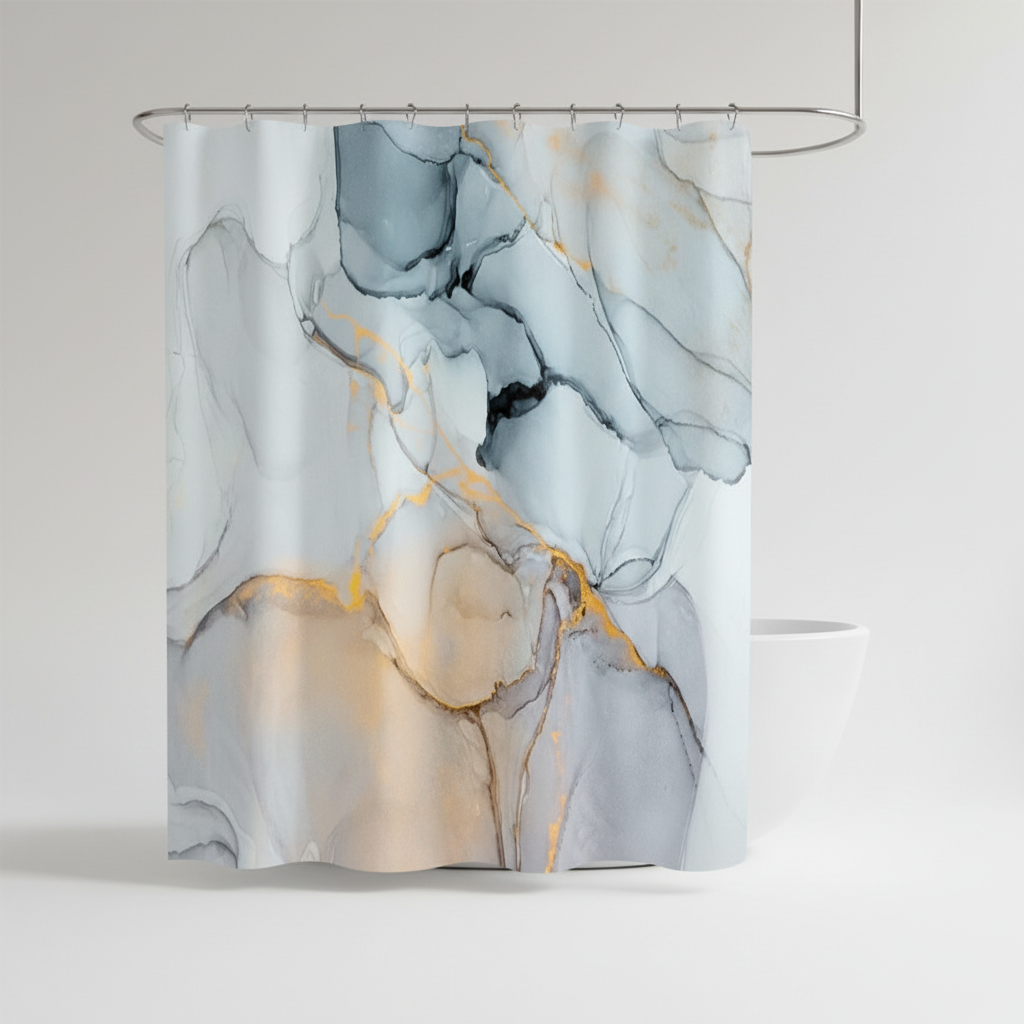 Bathroom interior showcasing a draped modern marbled shower curtain with subtle gold accents.