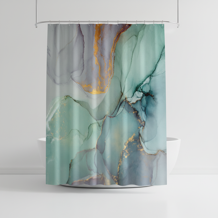 Abstract marbled shower curtain with artistic golden streaks, enhancing modern bathroom aesthetics.