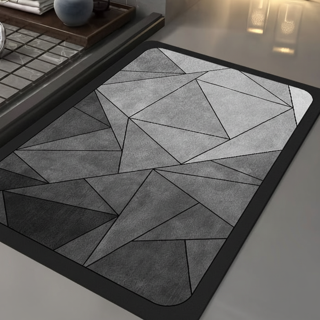 Rectangular quick-dry bath mat in a modern bathroom setting. Non-slip & absorbent for home decor.