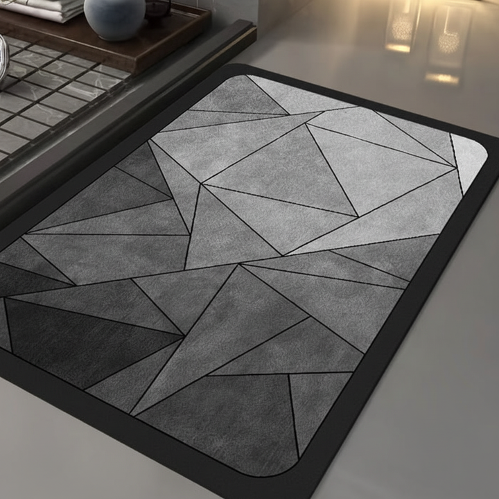 Rectangular quick-dry bath mat in a modern bathroom setting. Non-slip & absorbent for home decor.