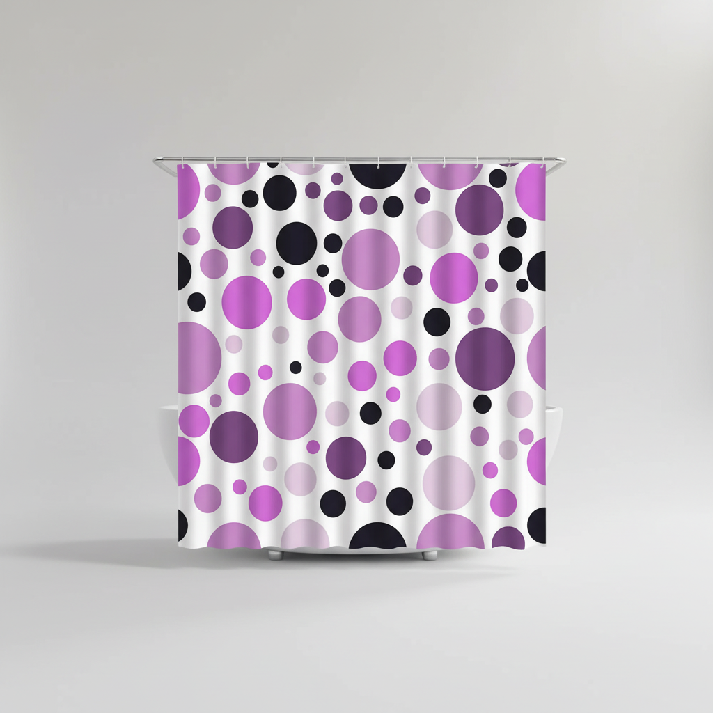 Modern bathroom RippleDot shower curtain featuring geometric ripple dots, adds style and privacy.