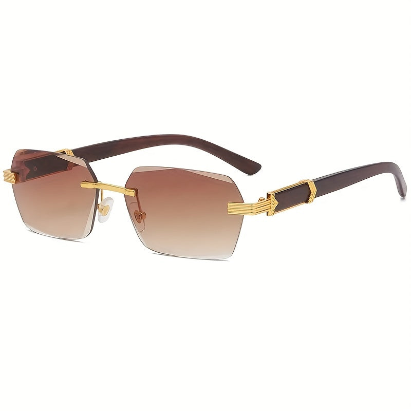 Summer-ready rimless rectangular sunglasses, unisex, featuring stylish faux wood arms and lenses.
