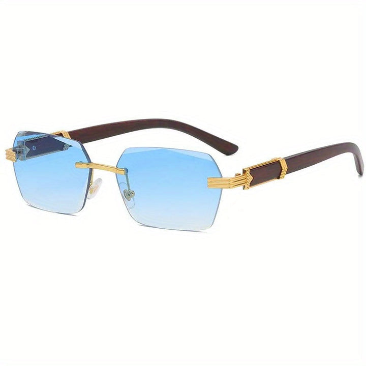 Unisex fashion eyewear: rimless rectangular lenses with modern faux wood arms & blue light defense.