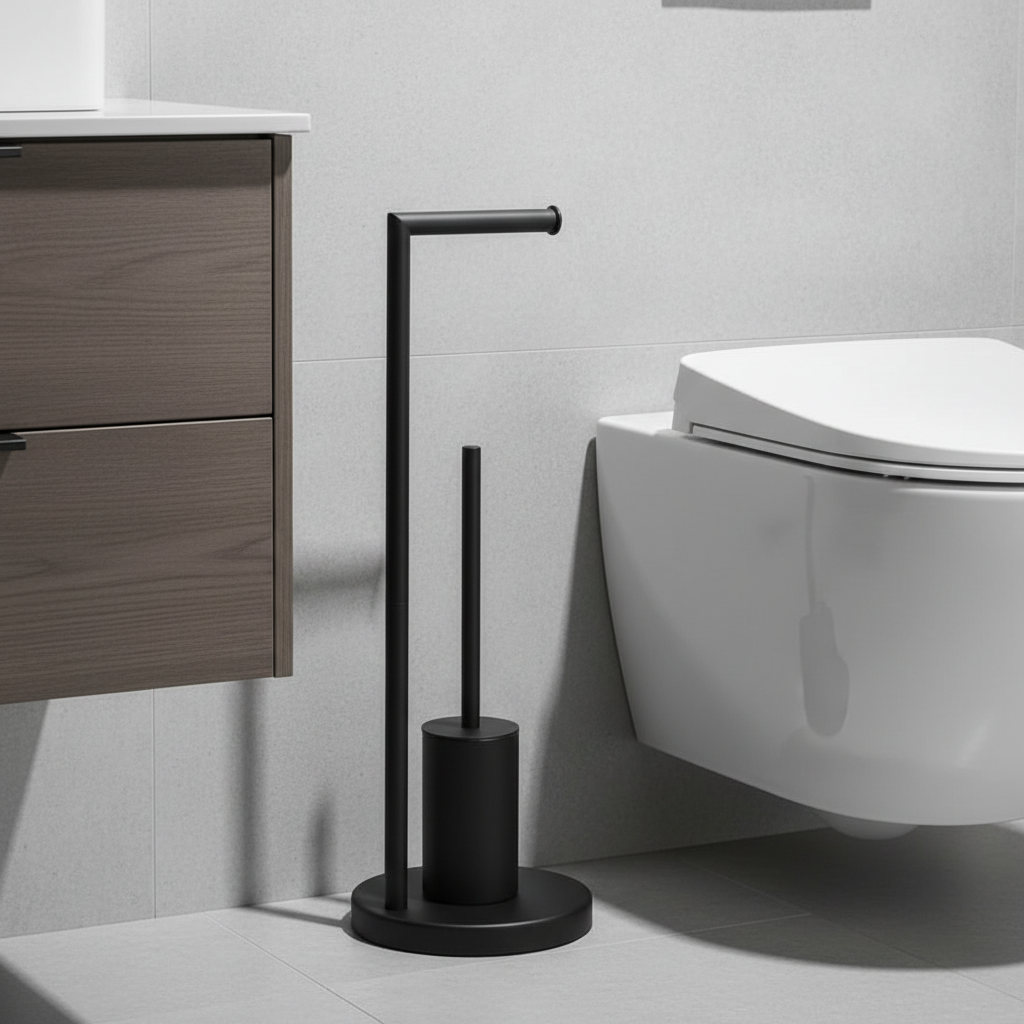 Modern wall-mounted toilet paper holder with integrated toilet brush in black, space-saving design.