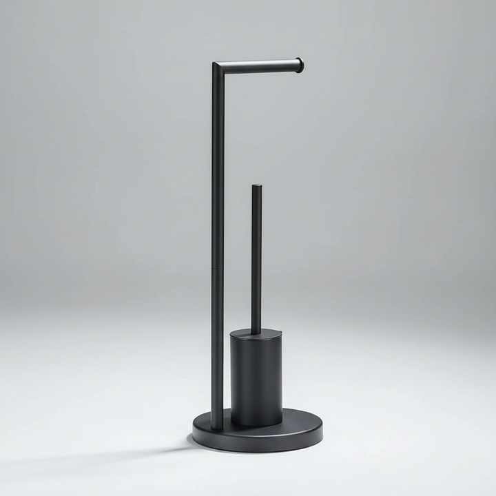 Unisex black toilet paper holder with brush, sleek and perfect for small bathrooms.