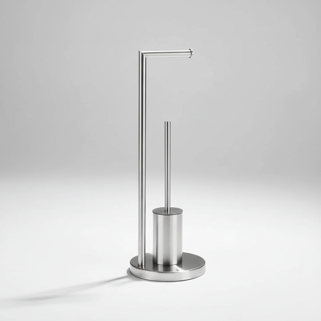 Contemporary design toilet paper stand with toilet brush, silver, enhancing home decor.