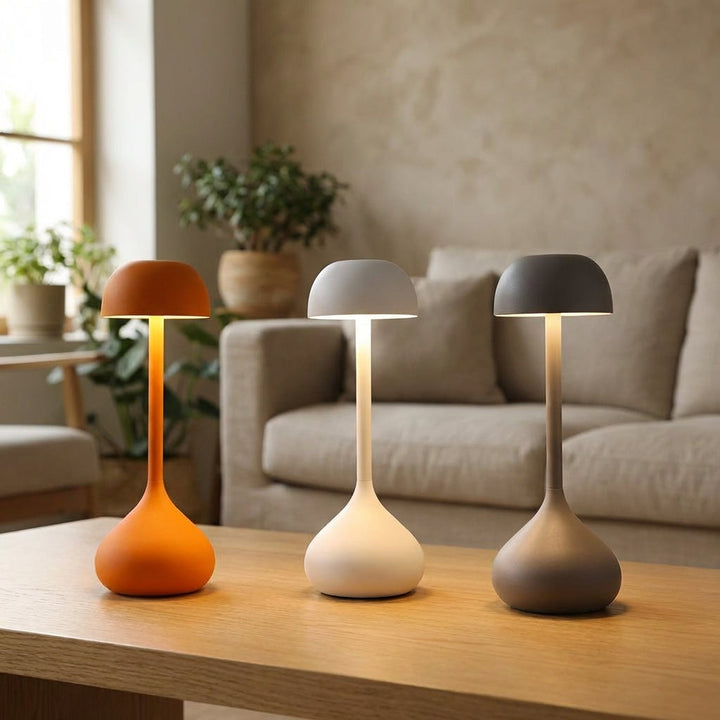 Moonara Cordless Mushroom LED Table Lamp in modern decor setting, portable and dimmable mood lighting