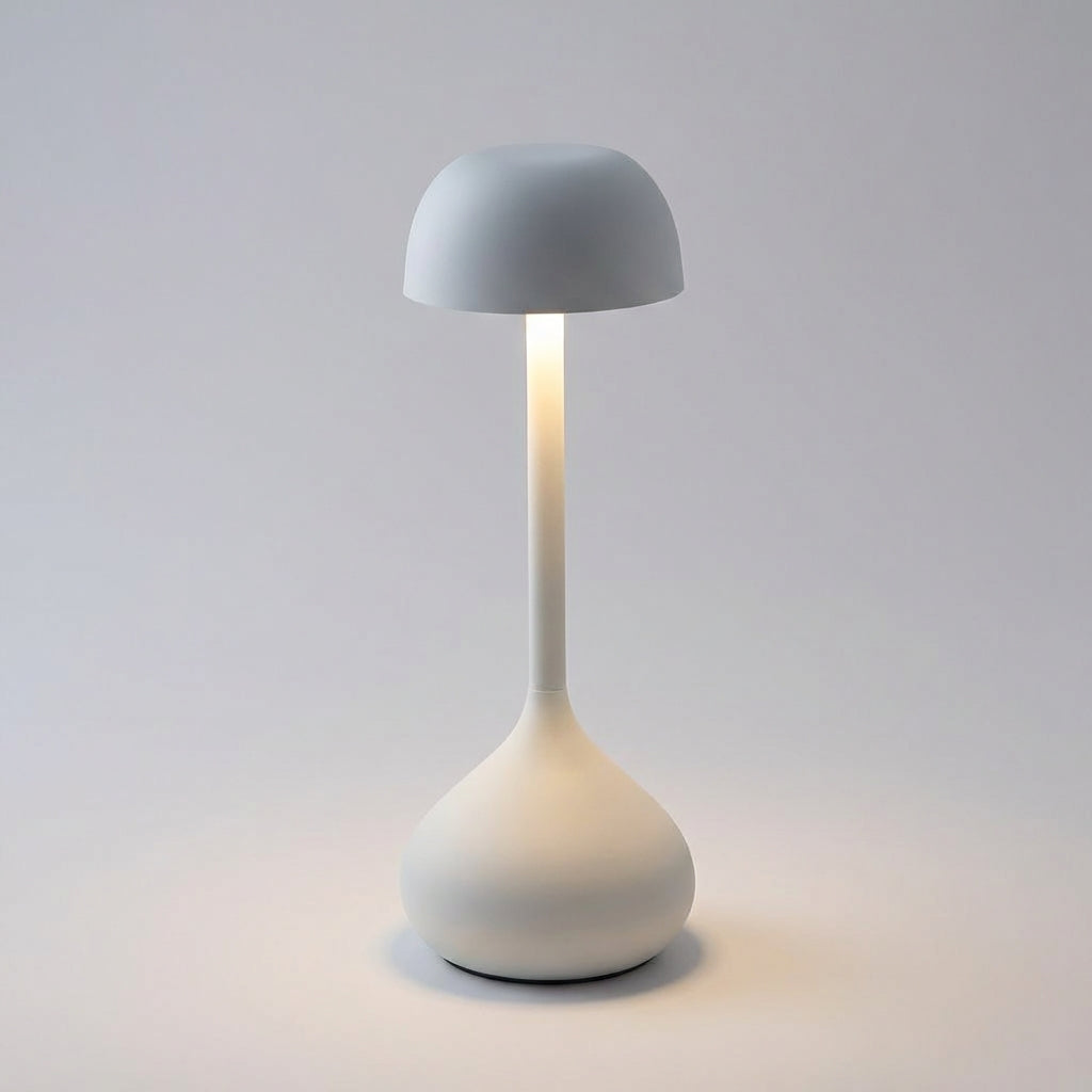 White Cordless Mushroom LED Table Lamp illuminating a cozy room, perfect for mood lighting