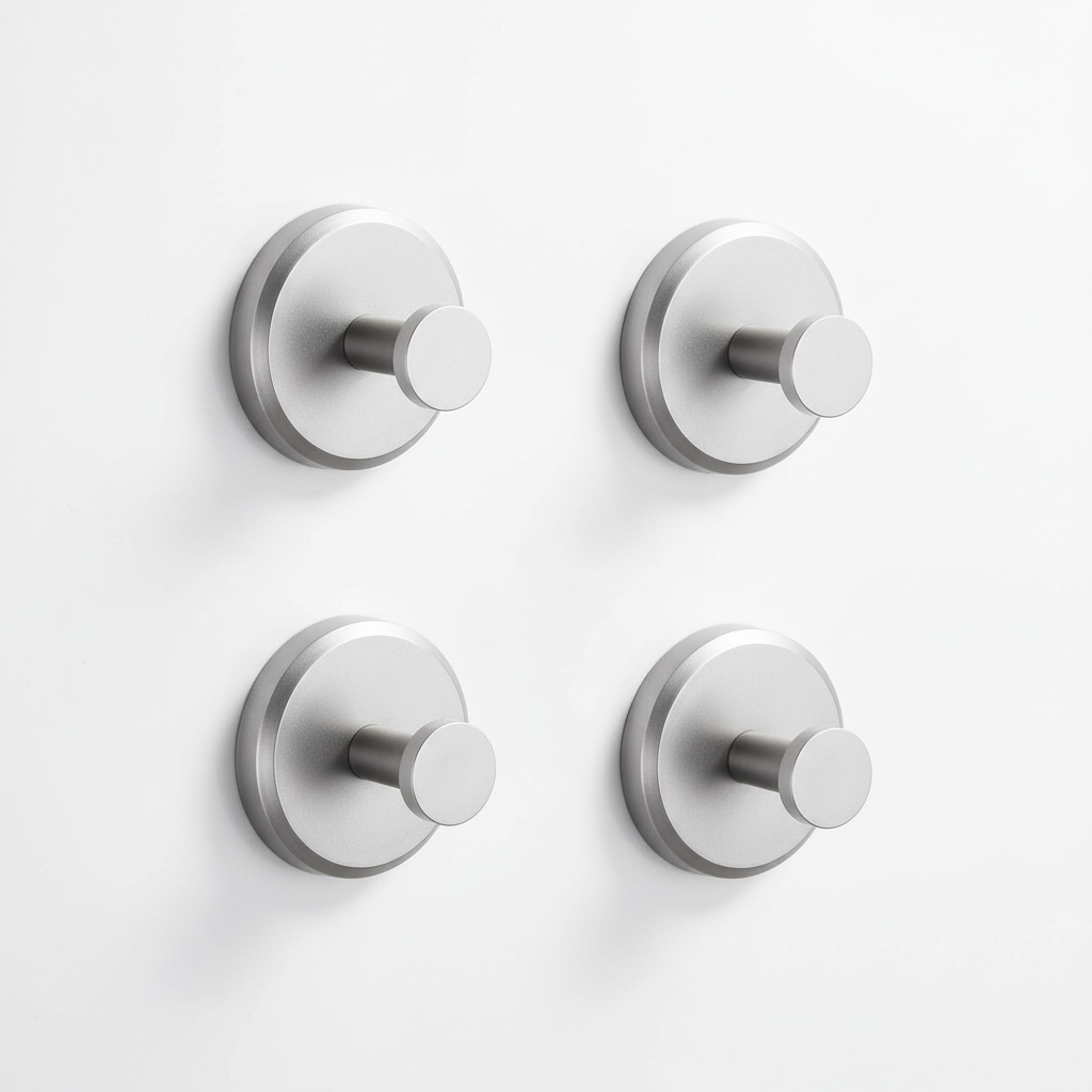 Mountique wall hooks for bathroom, 4 pc set, showing secure mounting & sturdy design for heavy towels