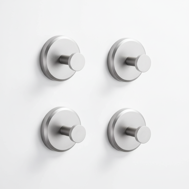 Mountique wall hooks for bathroom, 4 pc set, showing secure mounting & sturdy design for heavy towels