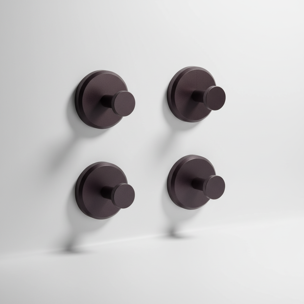 Arrangement of Mountique black metal bathroom hooks, providing ample storage & sleek home accessory
