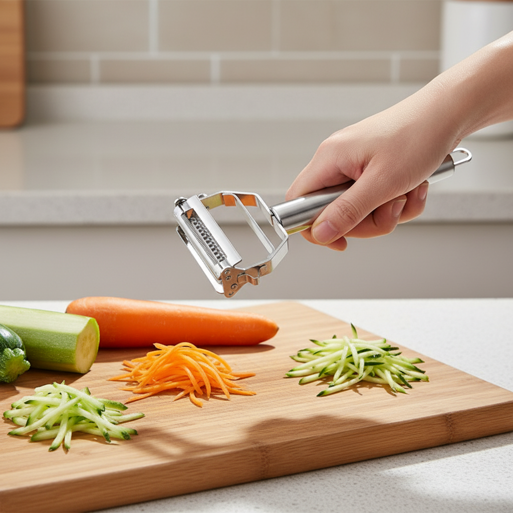 Multifunction stainless steel vegetable peeler for quick food prep.