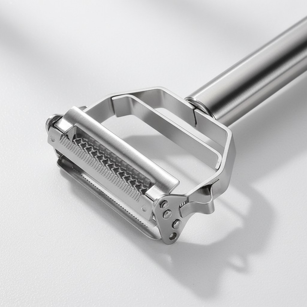 Versatile kitchen gadget: stainless steel peeler and julienne slicer for efficient food prep.