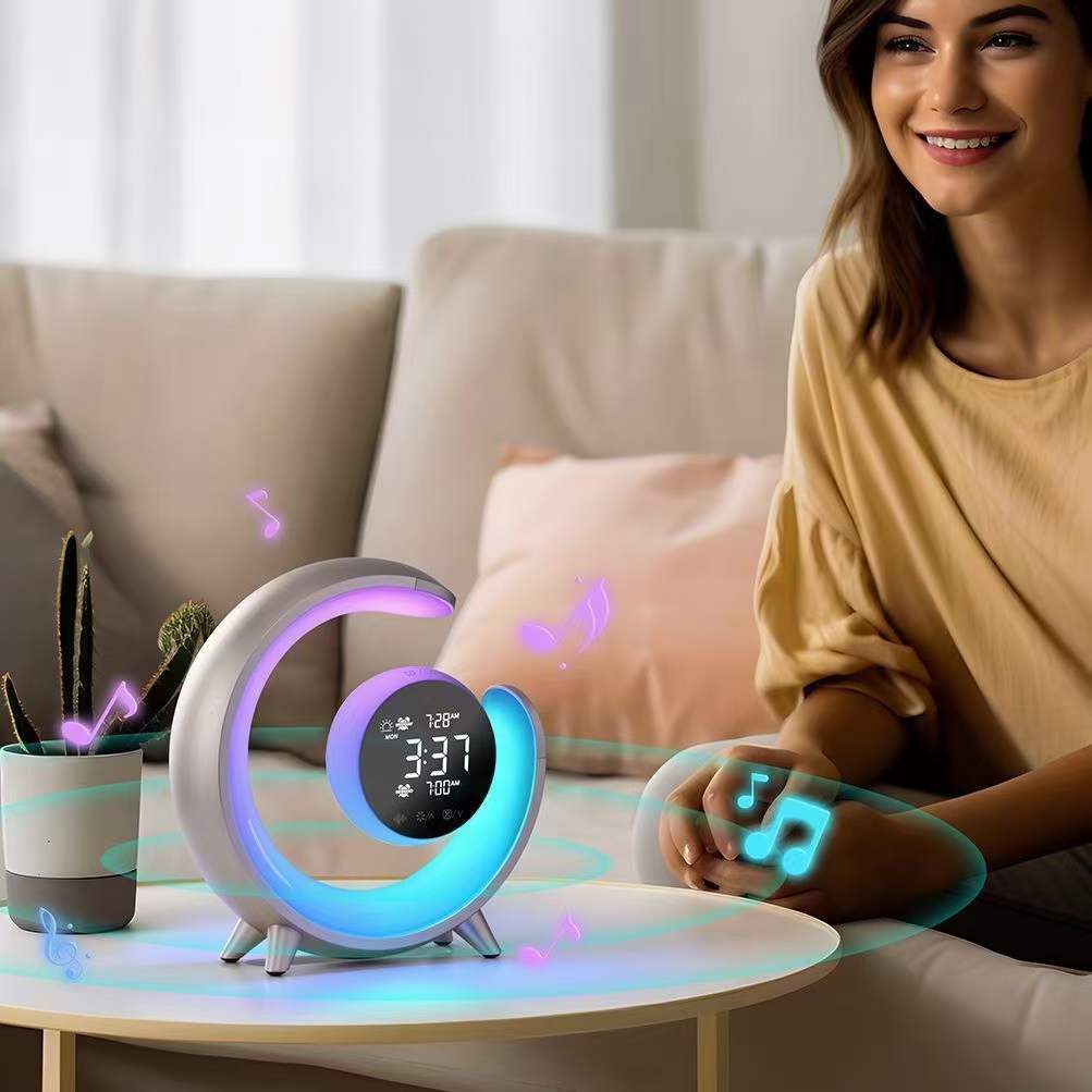 Versatile RGB night light, alarm clock, & white noise generator. Includes USB charger; ideal dimmable sleep aid.