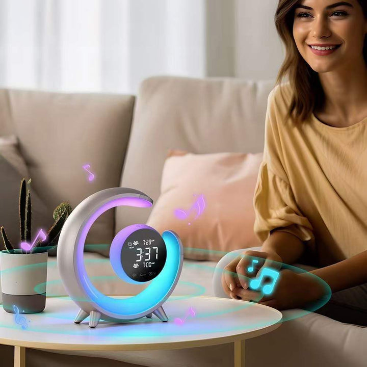Versatile RGB night light, alarm clock, & white noise generator. Includes USB charger; ideal dimmable sleep aid.