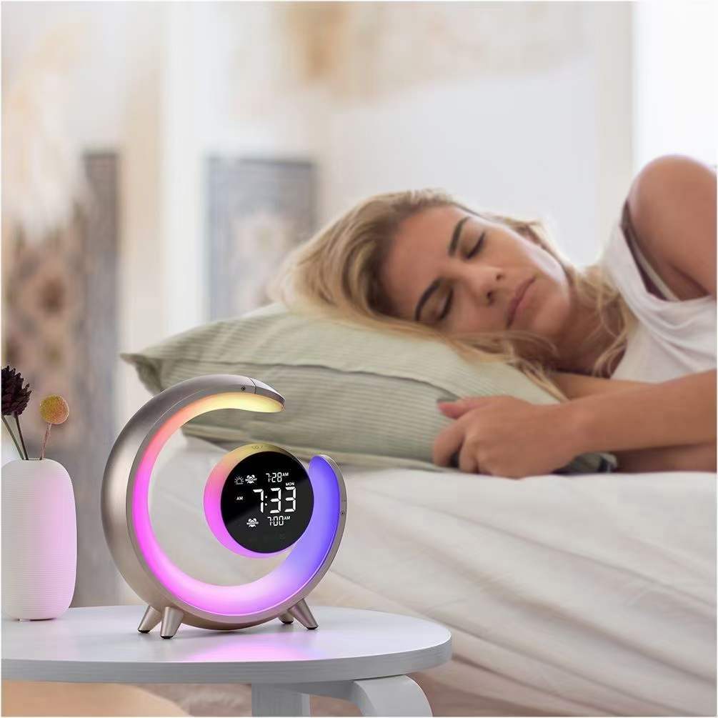 Dimmable RGB night light with alarm, white noise, and USB charging. A smart bedside lamp for enhanced sleep.