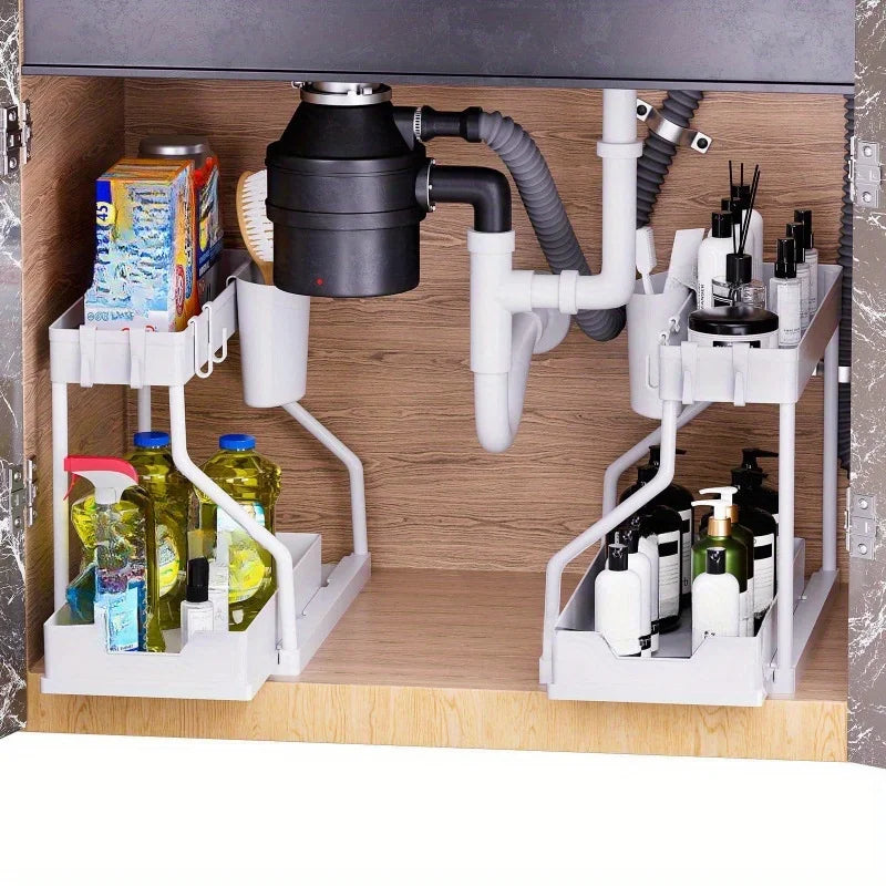 Space-saving multilayer pull-out storage shelf, ideal for kitchen or bath organization