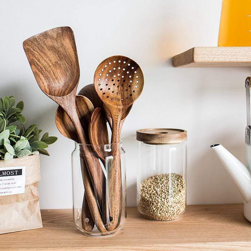 Display of RustiCook's natural wood kitchen tools, highlighting sustainable & durable design.