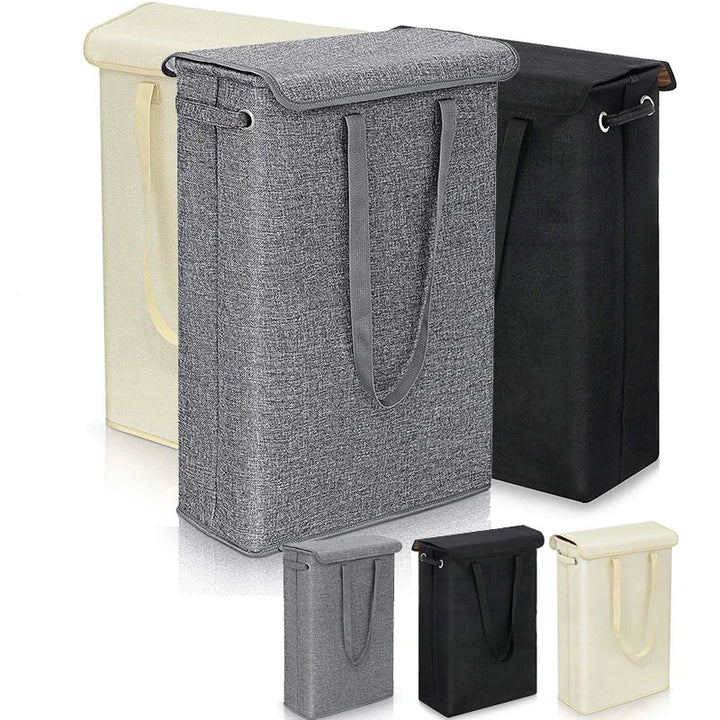 Neris 45L slim laundry hamper with lid, white plastic, space-saving for small bathrooms or dorms