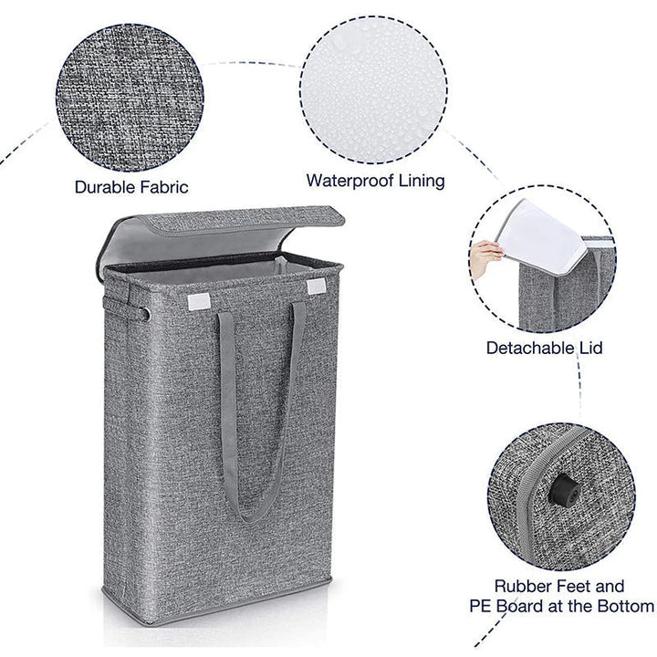 Close-up of the textured surface of a Neris 45L slim laundry hamper with lid, durable plastic