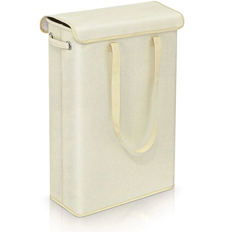 Two Neris 45L slim laundry hampers with lids, gray and white, demonstrating versatility in home storage