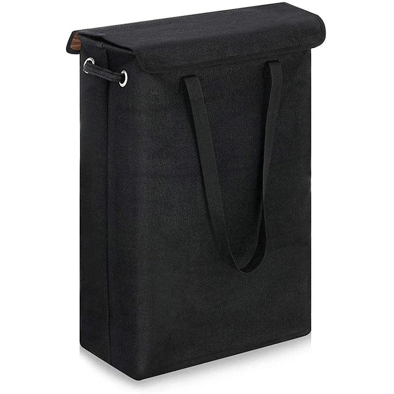 Neris 45L slim laundry hamper with lid tucked between a wall and dryer, illustrating space-saving design