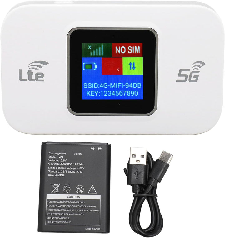 Netvora 4G LTE USB WiFi Hotspot, 300Mbps, 3000mAh battery, sleek design, side view.