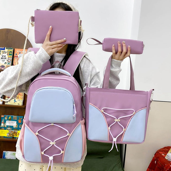 Student modeling Nivora large capacity backpack set, showing comfortable fit