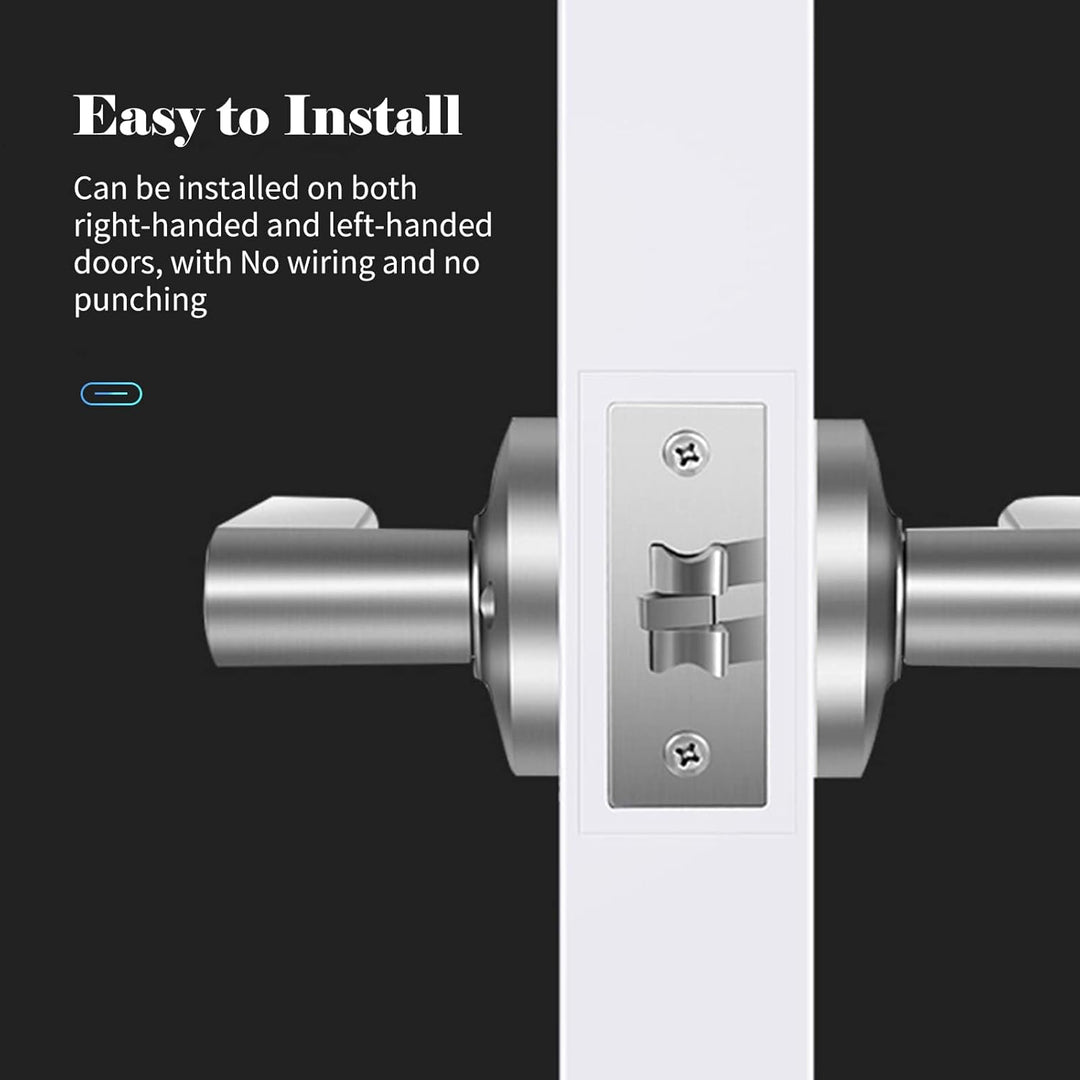 Multiple views of Nivora smart fingerprint door lever lock, modern security solution.