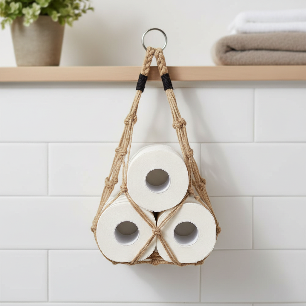 Nordic Cotton Hanging Storage Organizer, natural cotton, hand-knotted for bathroom storage and toilet paper.